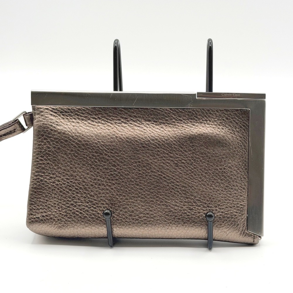 Calvin Klein Bronze Metallic Pebbled Leather Frame Clutch Wristlet Evening Bag